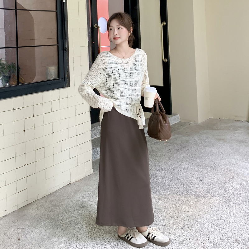 文艺风穿搭棕色吊带连衣裙叠穿针织上衣女春秋超火好看长裙子套装,女装套装/套裙,2C159
