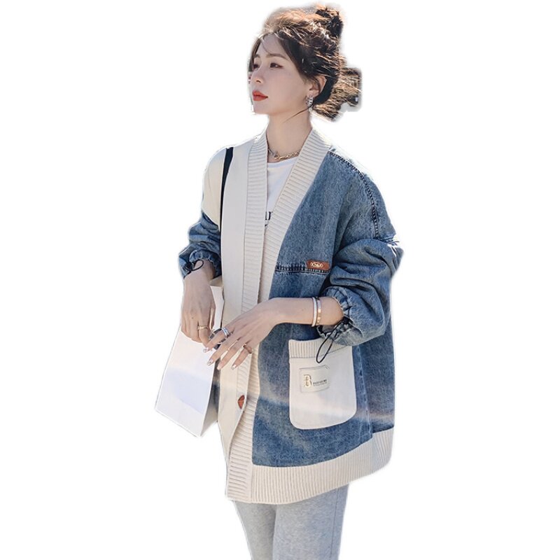 米白色针织拼接牛仔短外套女2023春秋新款韩系休闲高级棒球服上衣,女装短外套,2C112