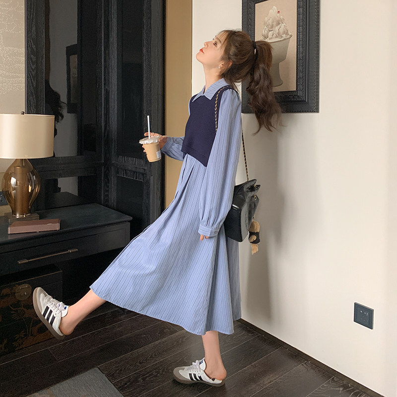 马甲条纹衬衫裙女春季2025年新款遮肚子减龄高级感设计气质连衣裙,女装连衣裙,2C112