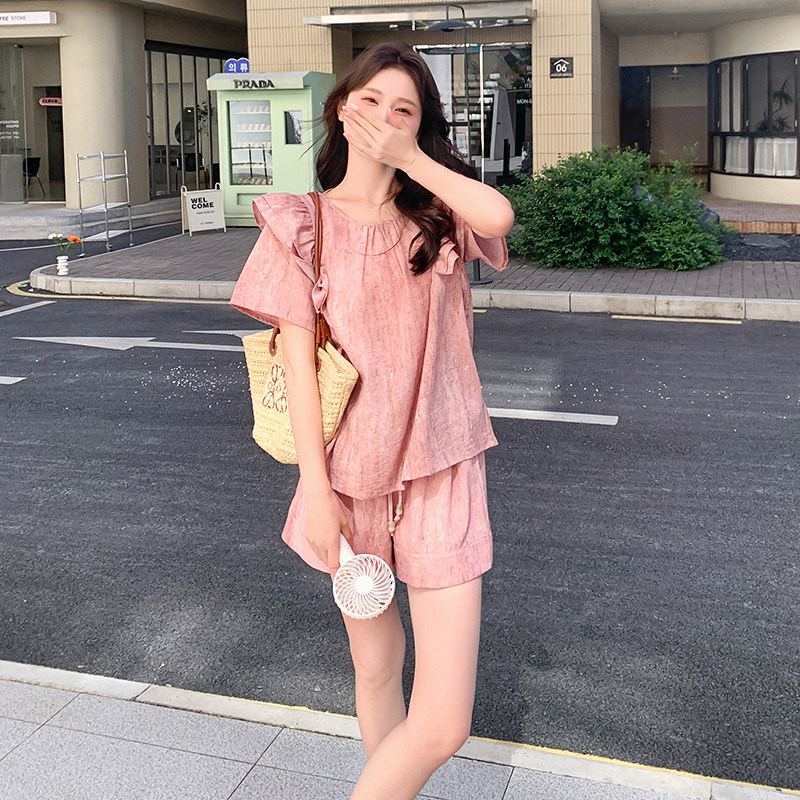 甜美粉色气质夏季休闲套装女2025新款露背木耳边上衣两件套装短裤,女装套装/套裙,2C166