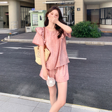 甜美粉色气质夏季休闲套装女2025新款露背木耳边上衣两件套装短裤，女装套装/套裙，2C166