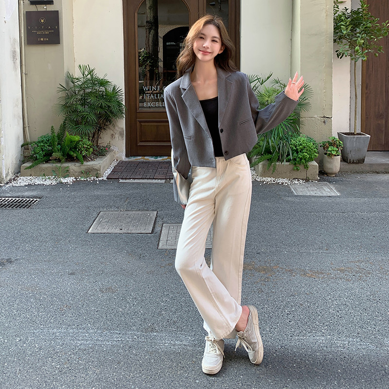 灰色单排扣西装春秋女2025新款小个子休闲百搭设计感短款小西服潮,女装短外套,2C057
