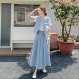 甜美浅蓝色马甲半身裙套装女夏独特漂亮三件套清纯系穿搭爆款流行，女装套装/套裙，2C227