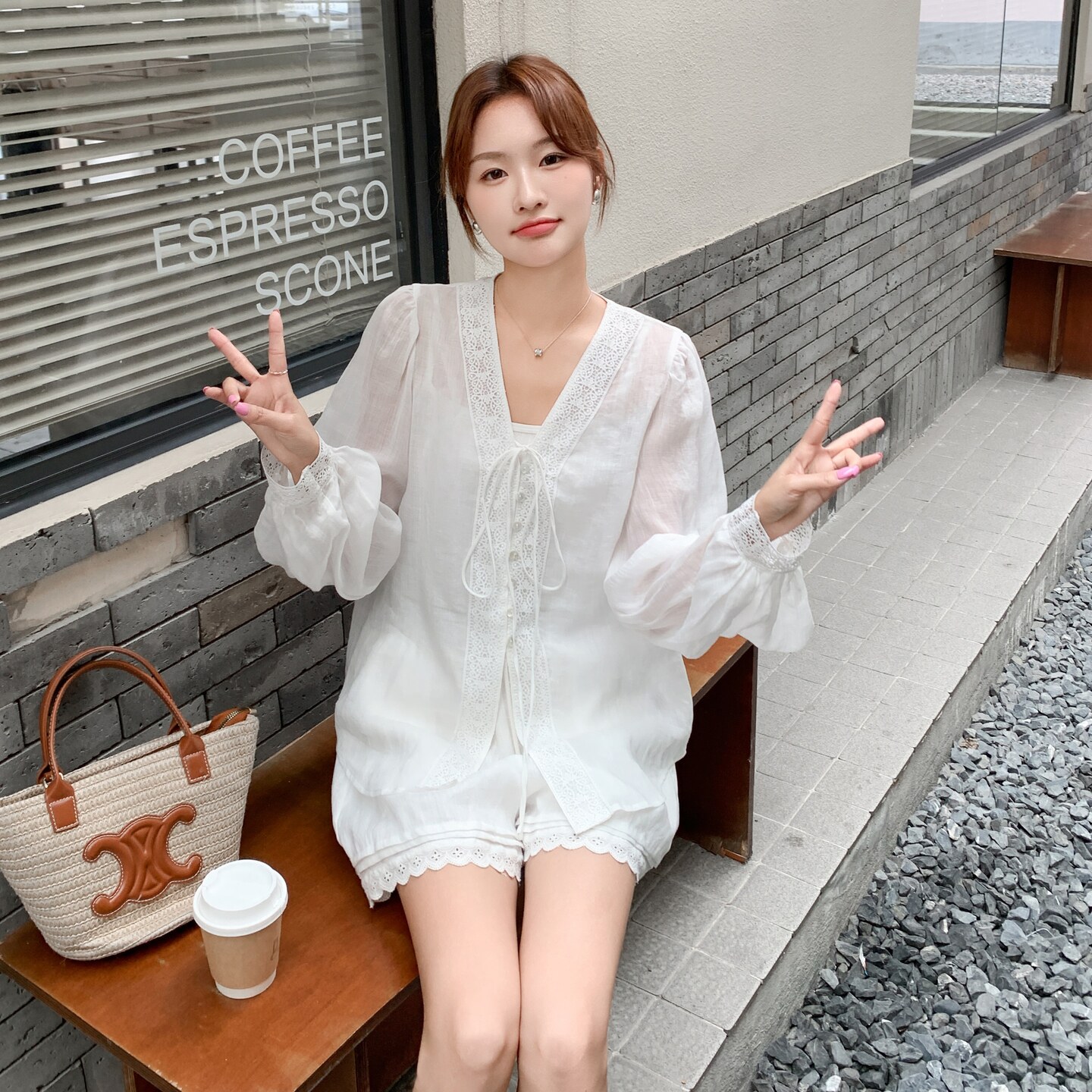 法式温柔风薄款防晒套装女2025夏季新款高级感衬衫阔腿短裤两件套,女装套装/套裙,2C166
