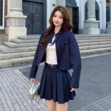 藏青色学院风套装裙女2025秋季新款气质休闲短外套百褶短裙两件套，女装套装/套裙，2C012