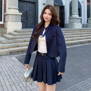 藏青色学院风套装裙女2025秋季新款气质休闲短外套百褶短裙两件套图片