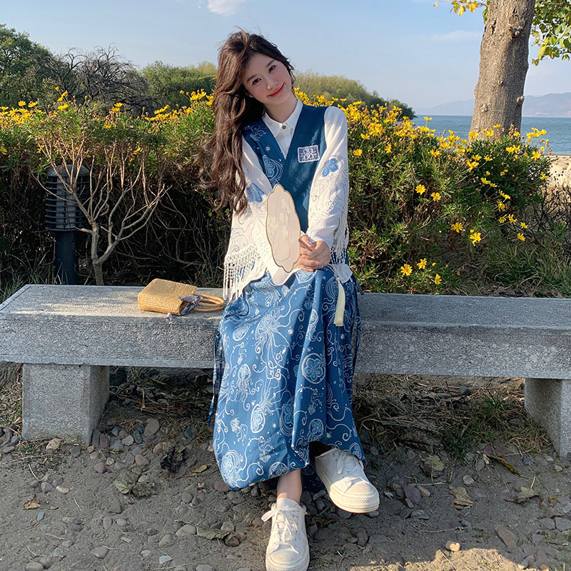 时尚穿搭一整套女2025新款设计感气质印花马甲流苏衬衫半裙三件套,女装套装/套裙,2C073