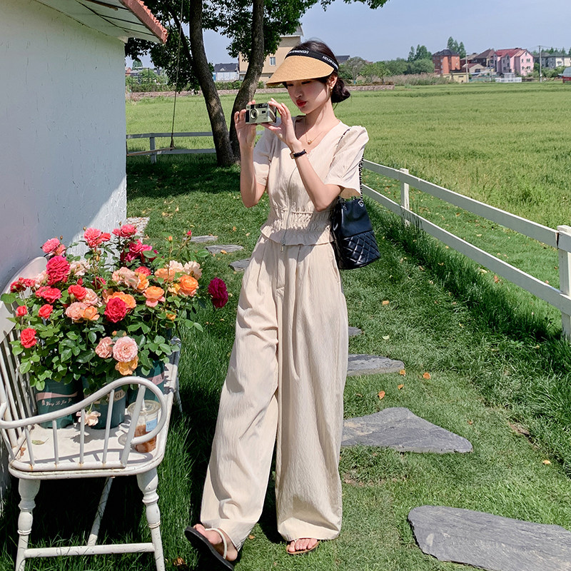 法式气质高级感v领上衣套装女2025夏季新款宽松显瘦阔腿裤两件套,女装套装/套裙,2C159