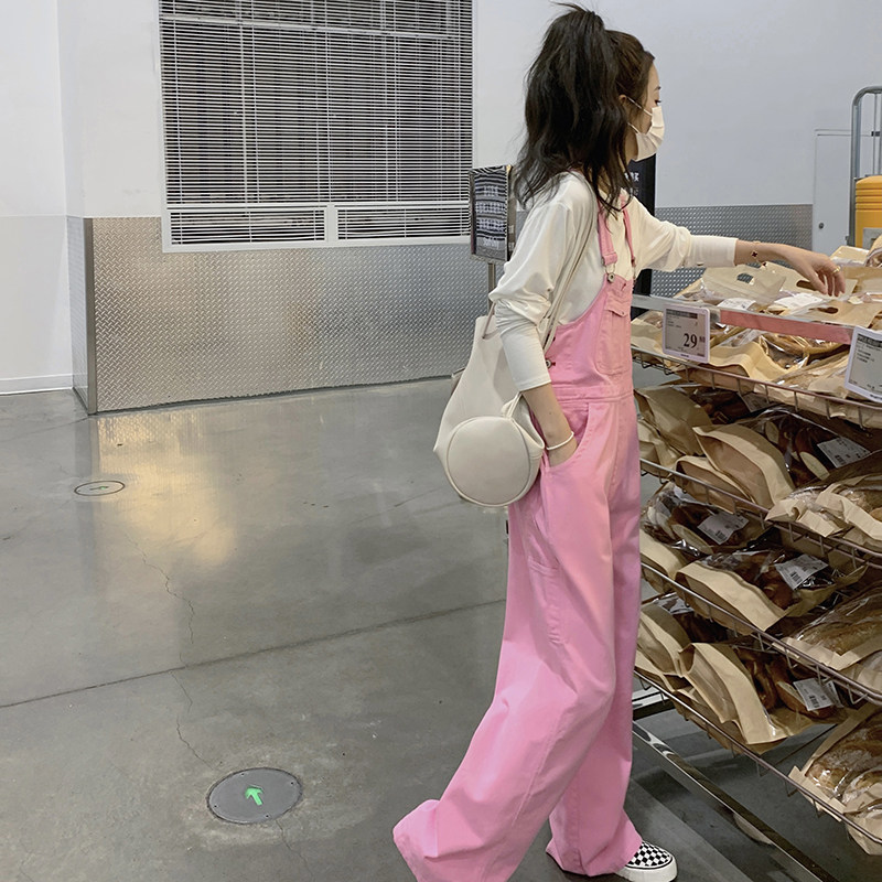 【现货】2025春季新款粉色网红款牛仔阔腿背带裤S165-P115-K168,女装休闲裤,2C120