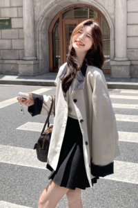 米白色韩版宽松显瘦拼接风衣女2026秋季新款小个子休闲风百搭外套图片