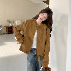 咖色复古机车皮衣外套女2025春季新款今年流行小个子宽松百搭夹克图片