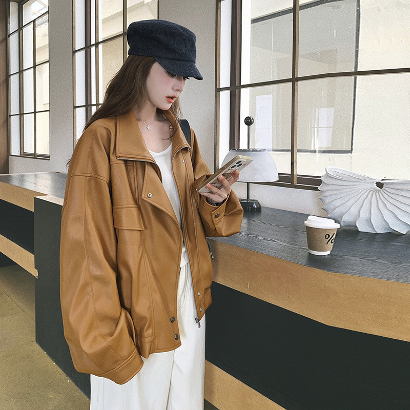 咖色立领皮衣外套女2025年秋季新款时尚超火绝美设计感减龄皮夹克图片