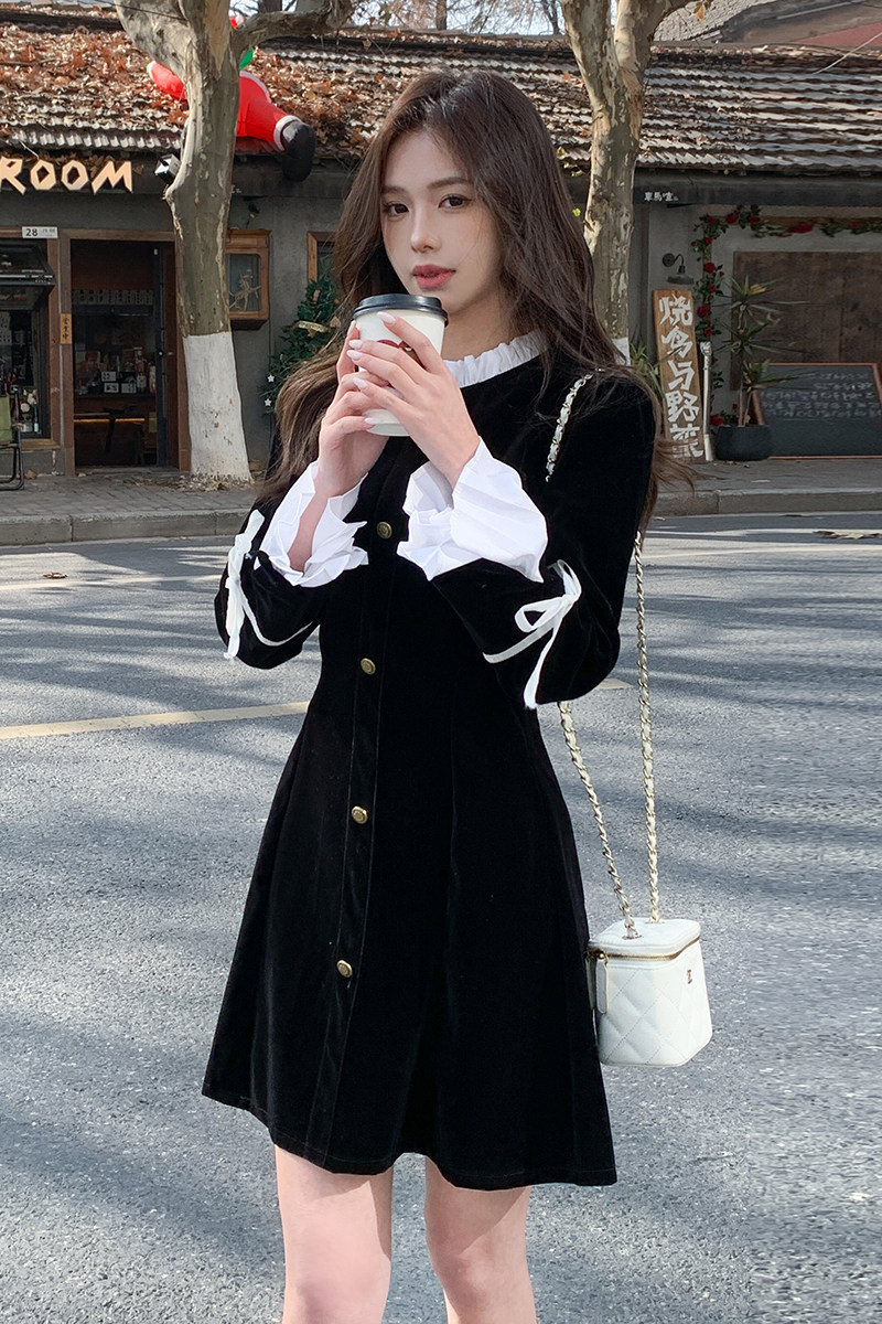 黑色小香风丝绒连衣裙女2024春季新款法式名媛高级感精致气质裙子,女装连衣裙,2D148