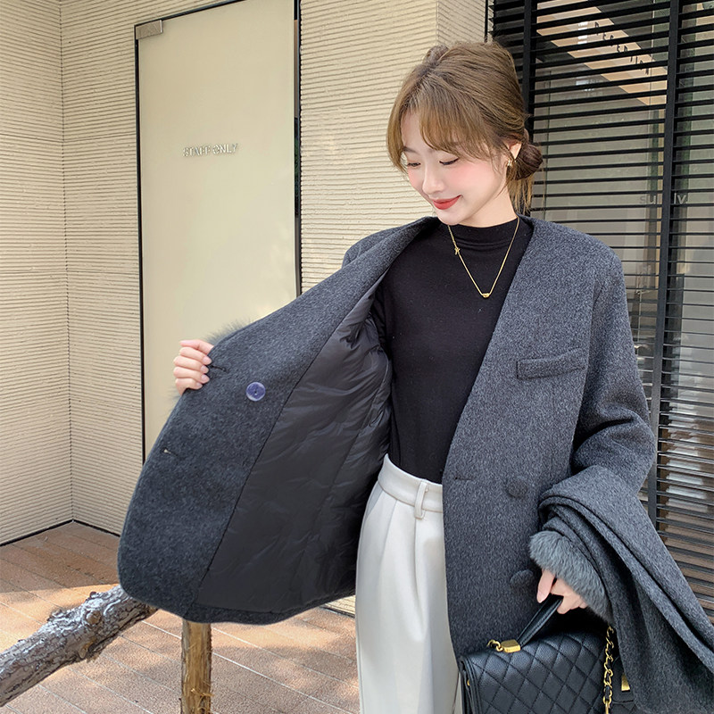 狐狸毛羽绒内胆厚毛呢外套配围巾4429-P270-K398,女装羽绒服,2C126