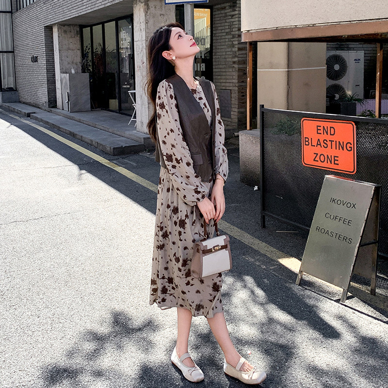 法式复古桔梗碎花连衣裙套装女2025春秋季新款显瘦洋气马甲两件套,女装套装/套裙,2C291
