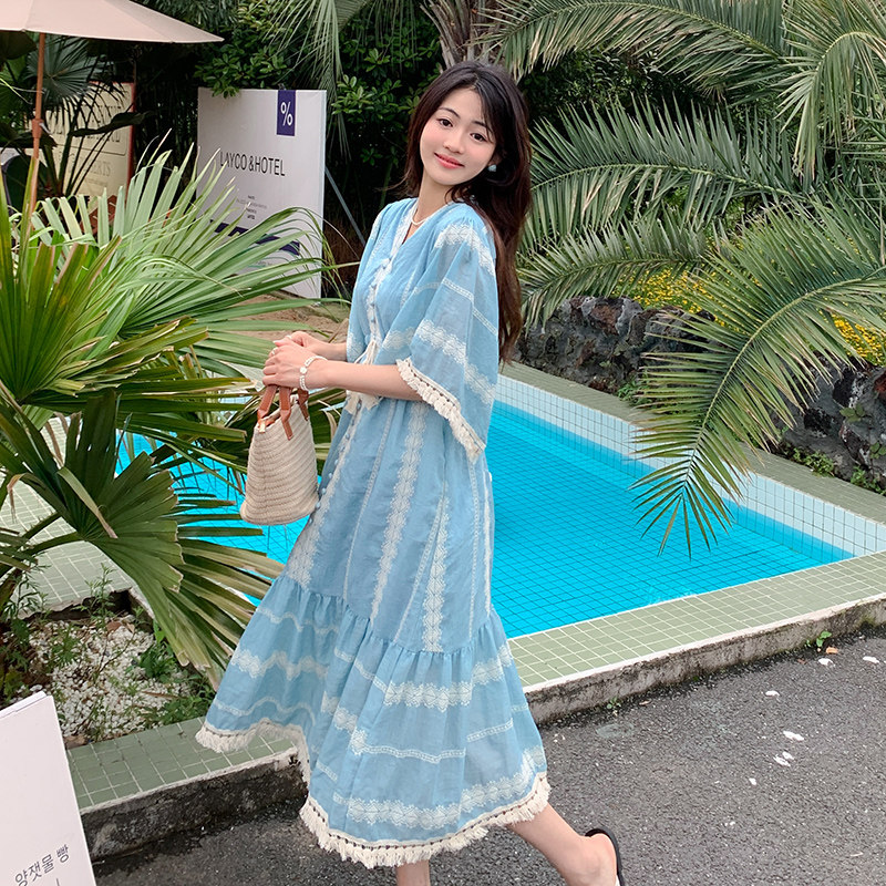 法式甜美波西米亚度假风连衣裙女2025夏季新款韩版收腰显瘦茶歇裙,女装连衣裙,2C122