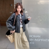 黑色撞色翻领皮衣外套女2025秋季新款韩系复古高级感休闲机车夹克，女装皮衣，2C177