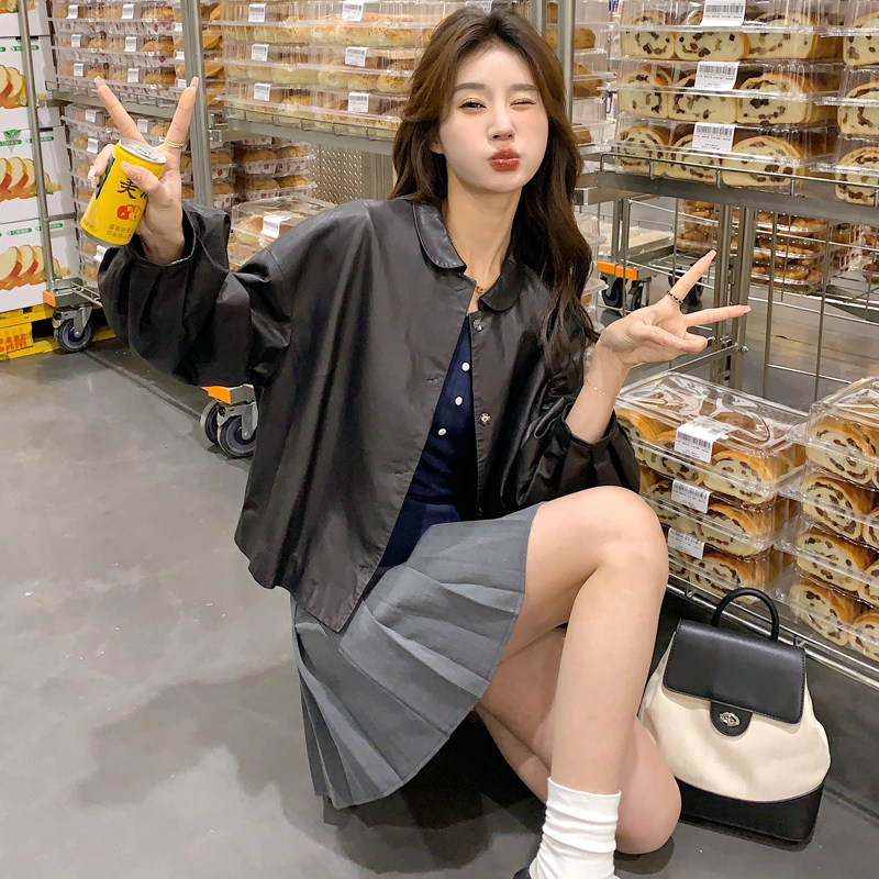8801 圆领单排扣黑色皮衣小外套女修身显瘦韩版pu短外套潮短款图片