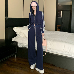 女春新款洋气减龄气质拉链连帽卫衣阔腿裤两件套图片