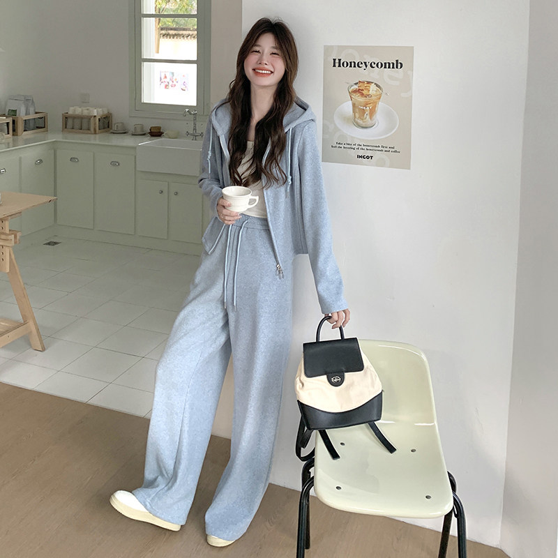 蓝色减龄休闲连帽卫衣套装女2025春秋季新款韩版显瘦阔腿裤两件套,女装套装/套裙,2C159