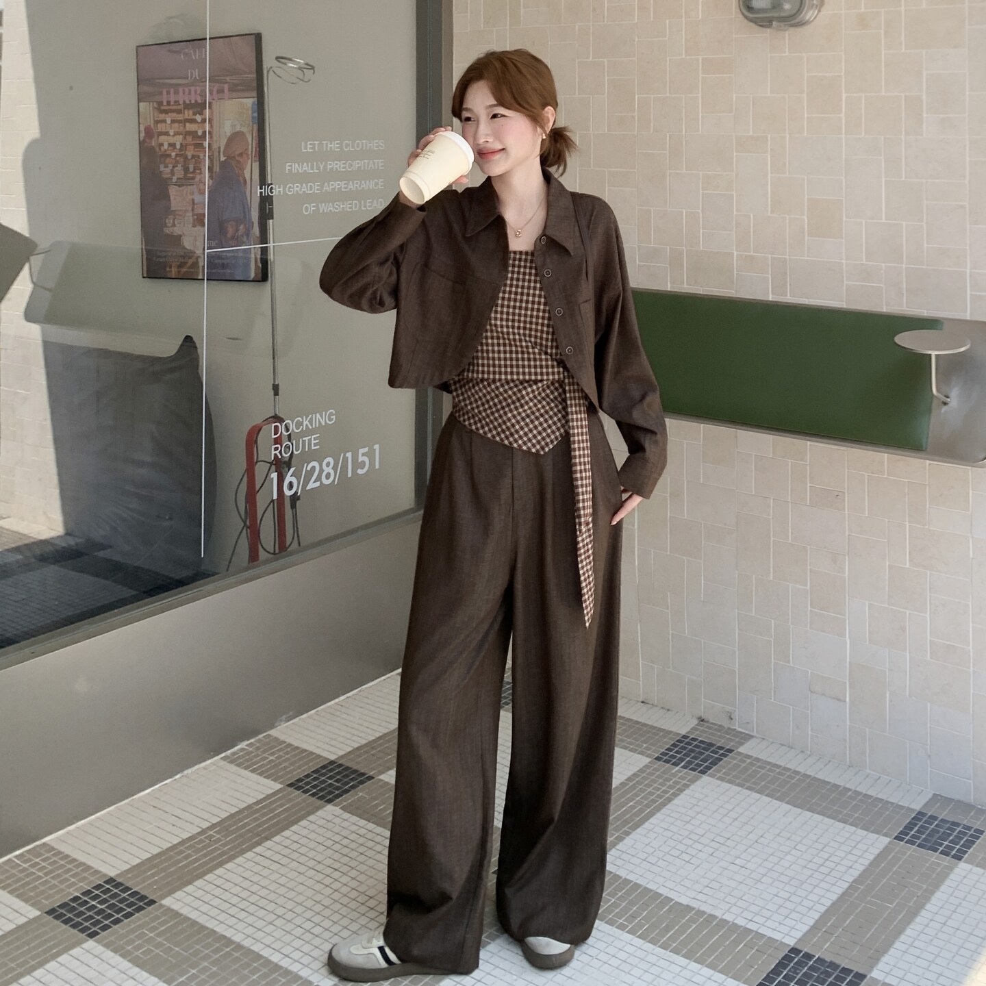 美拉德穿搭格子抹胸吊带套装女秋季2025新款短款上衣阔腿裤三件套,女装套装/套裙,2C375