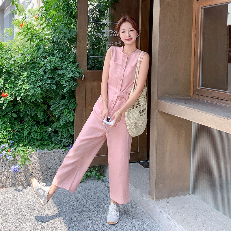 粉色圆领无袖连体裤女2025夏季新款休闲小个子收腰显瘦直筒九分裤,女装连体裤,2C126