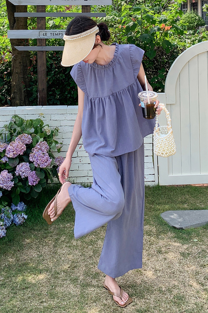 现货!套装女夏气质飞飞袖上衣阔腿长裤两件套5076P125K178,女装套装/套裙,2C166