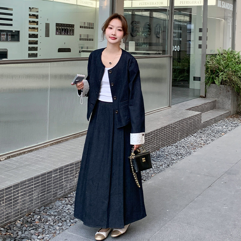 轻熟风韩系深蓝色牛仔套装裙复古高级感休闲气质显瘦半身裙两件套,女装套装/套裙,2C009