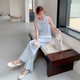 蓝色气质无袖上衣阔腿裤套装女夏季2025新款高级感减龄洋气两件套，女装套装/套裙，2C227