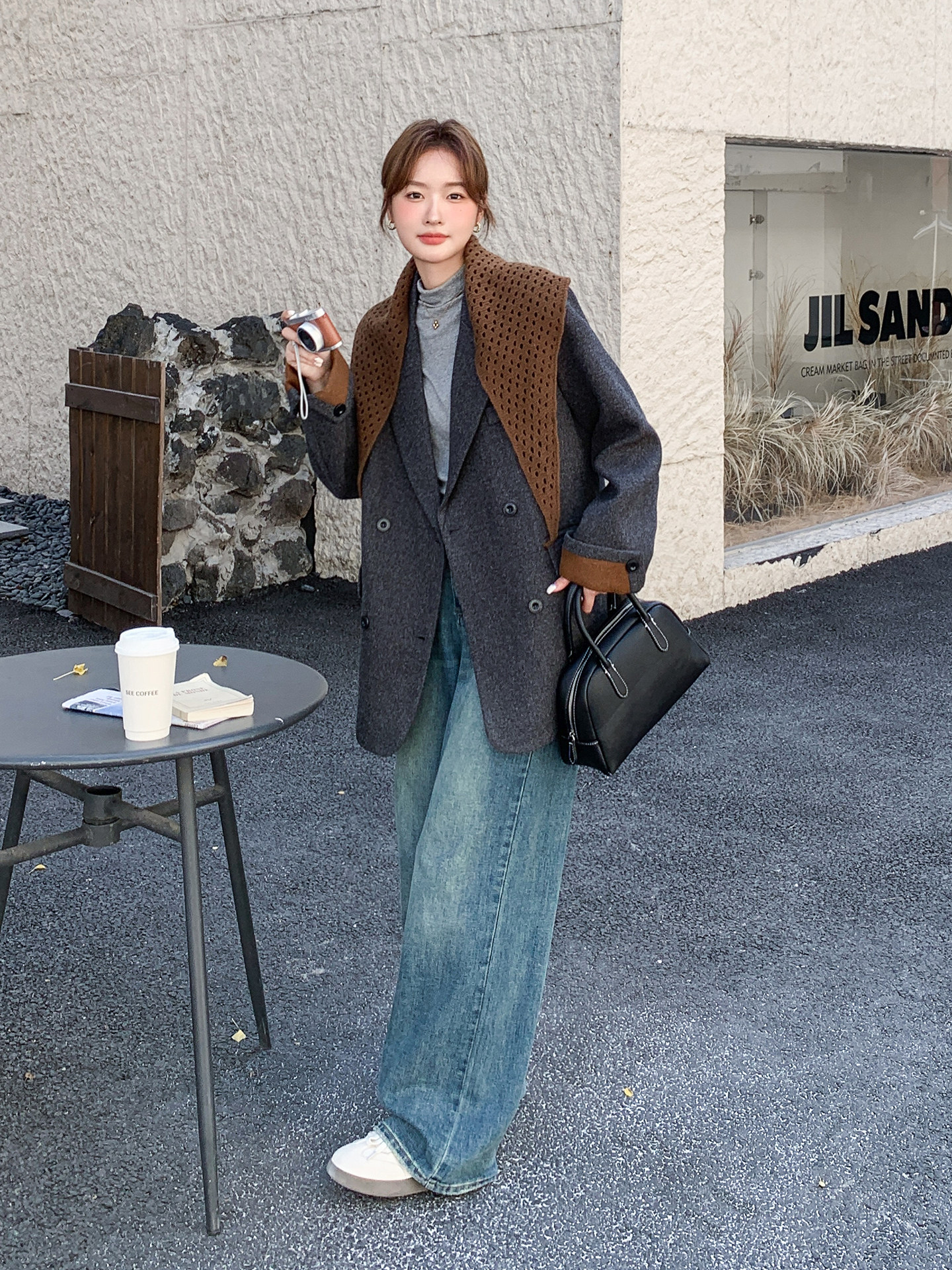 灰色韩系撞色针织披肩西装毛呢外套女秋冬2025新款轻熟风气质大衣,女装毛呢外套,2C126
