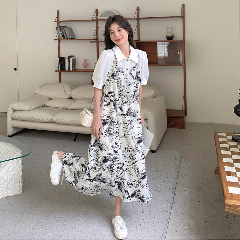 国风碎花新中式连衣裙女夏2024新款假两件吊带衬衫裙水墨画气质,女装连衣裙,2C018