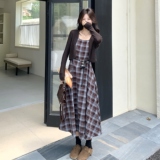 设计感小众吊带连衣裙女秋冬新款韩版时尚气质百搭显瘦格子套装，女装套装/套裙，2C166