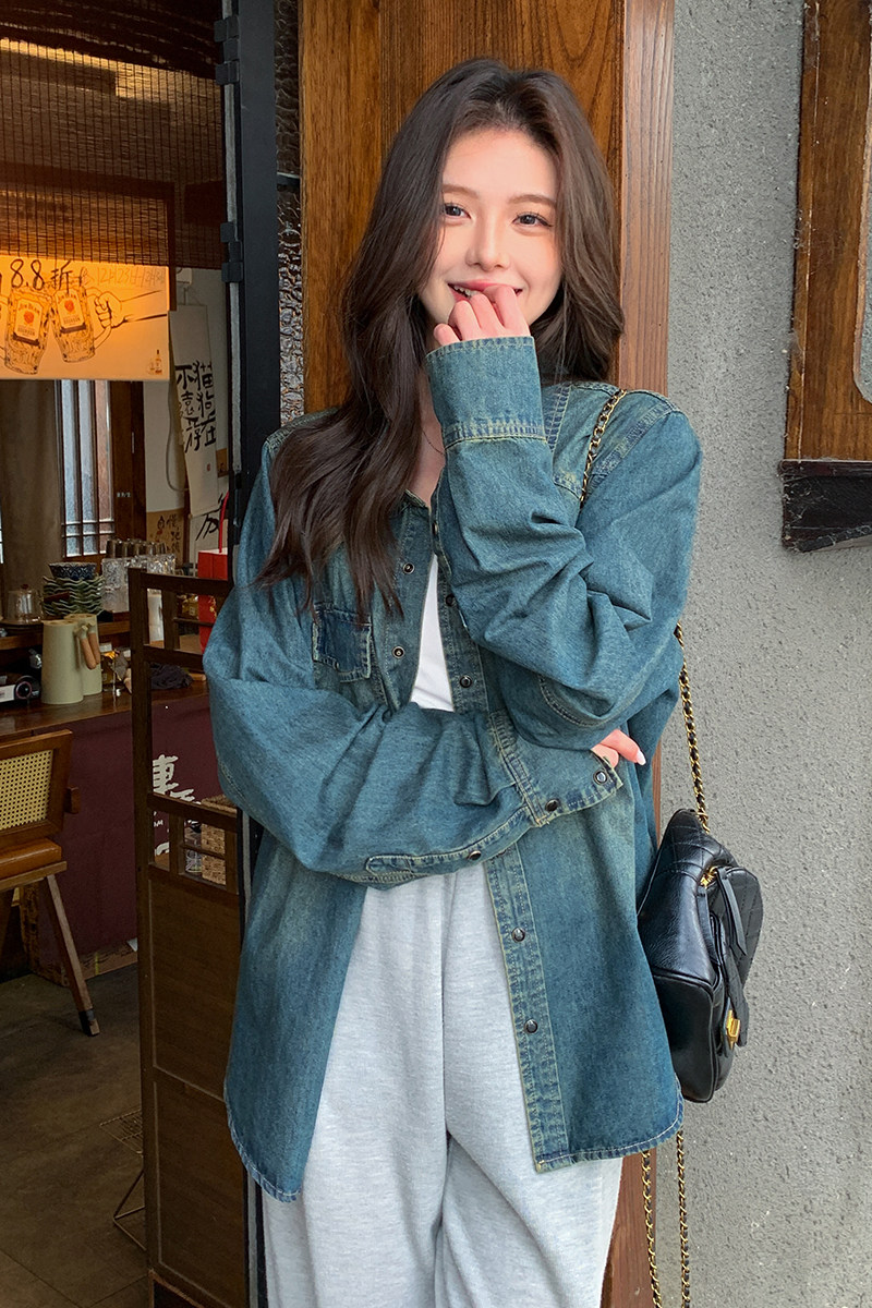 港风复古时尚牛仔衬衫外套女2025春秋季新款韩版宽松显瘦减龄上衣,女装衬衫,2C220