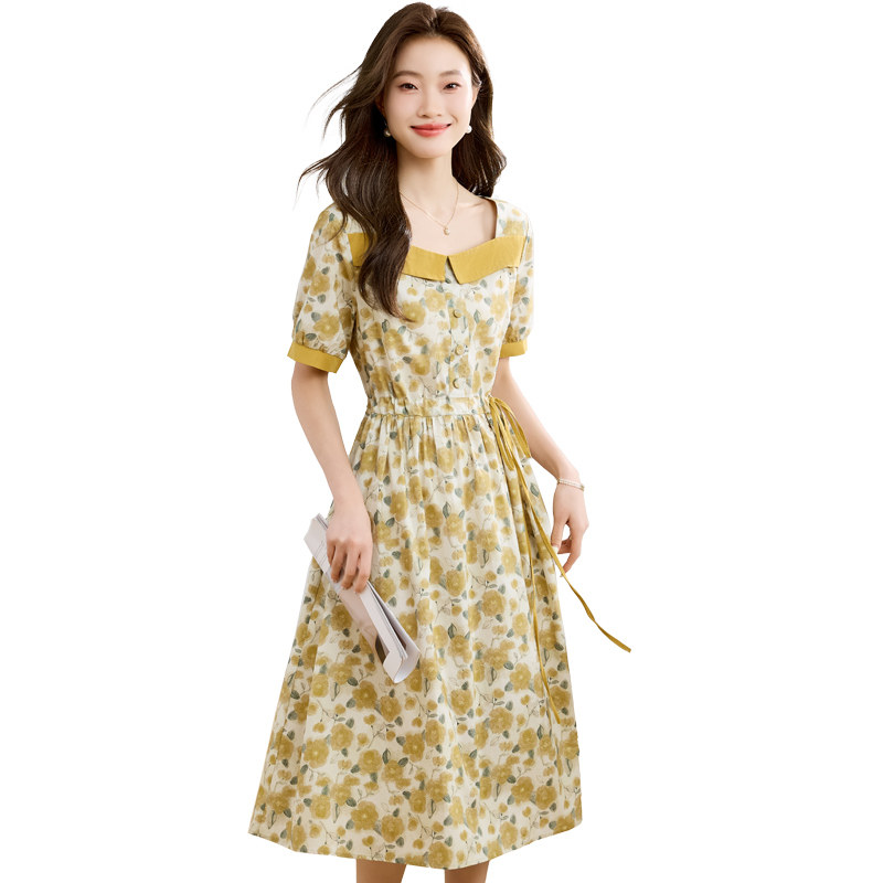 纯棉碎花连衣裙女夏季2025新款法式方领系带收腰显瘦减龄妈妈裙子,女装连衣裙,1D073