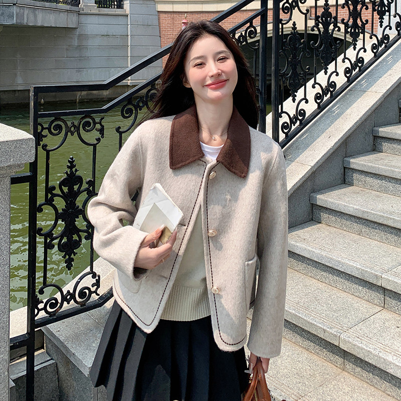 【现货】羊毛拼色双面呢羊绒大衣毛呢外套女短款P240K328,女装毛呢外套,2C320