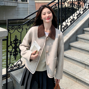 【现货】羊毛拼色双面呢羊绒大衣毛呢外套女短款P240K328图片
