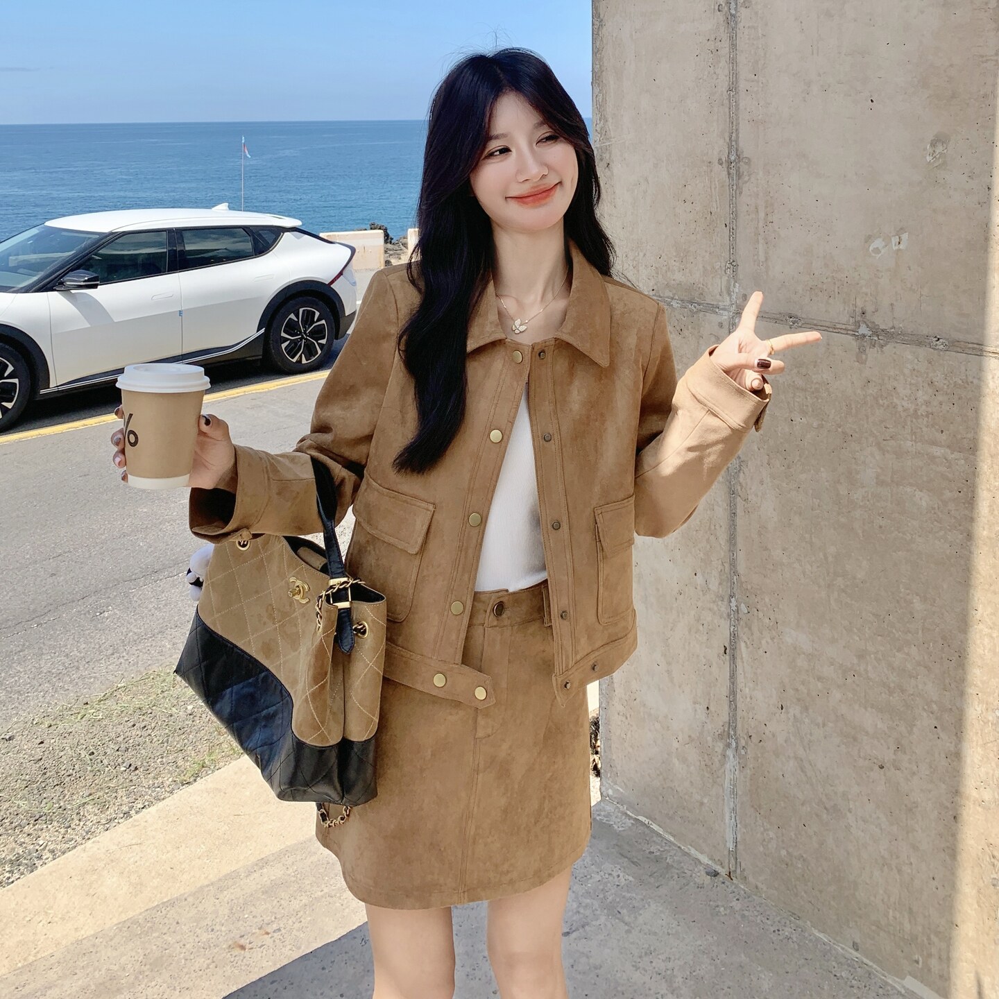 美拉德卡其色夹克外套半身裙套装两件套女2025春秋新款韩系小个子,女装套装/套裙,2C271