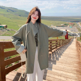 条纹拼接军绿色皮风衣外套女春秋2025新款设计感小众大衣流行爆款，女装皮衣，2C092