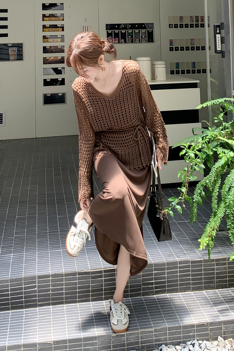 时尚套装女镂空针织衫吊带连衣裙春秋装搭配罩衫两件套装裙,女装连衣裙,2C166