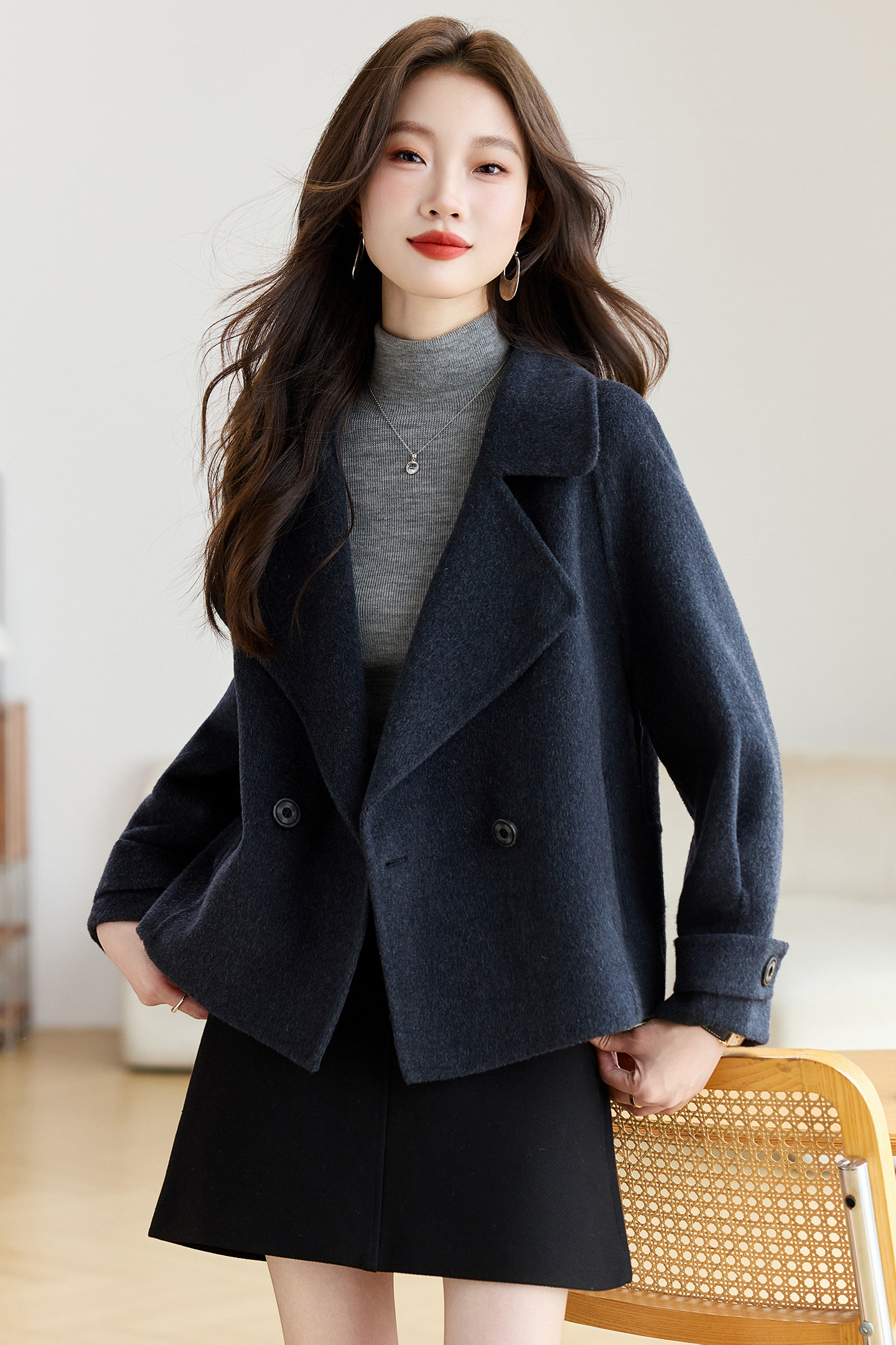 现货双面羊绒大衣女新款短款韩版宽松气质小个子羊毛呢外套图片