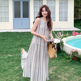 无袖夏季印花韩系复古格纹连衣裙复古韩版宽松女装气质长裙碎花，女装连衣裙，2C212