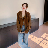 美拉德咖色麂皮绒短外套女春秋2025新款高级小众工装英伦风衣夹克，女装短外套，2C203