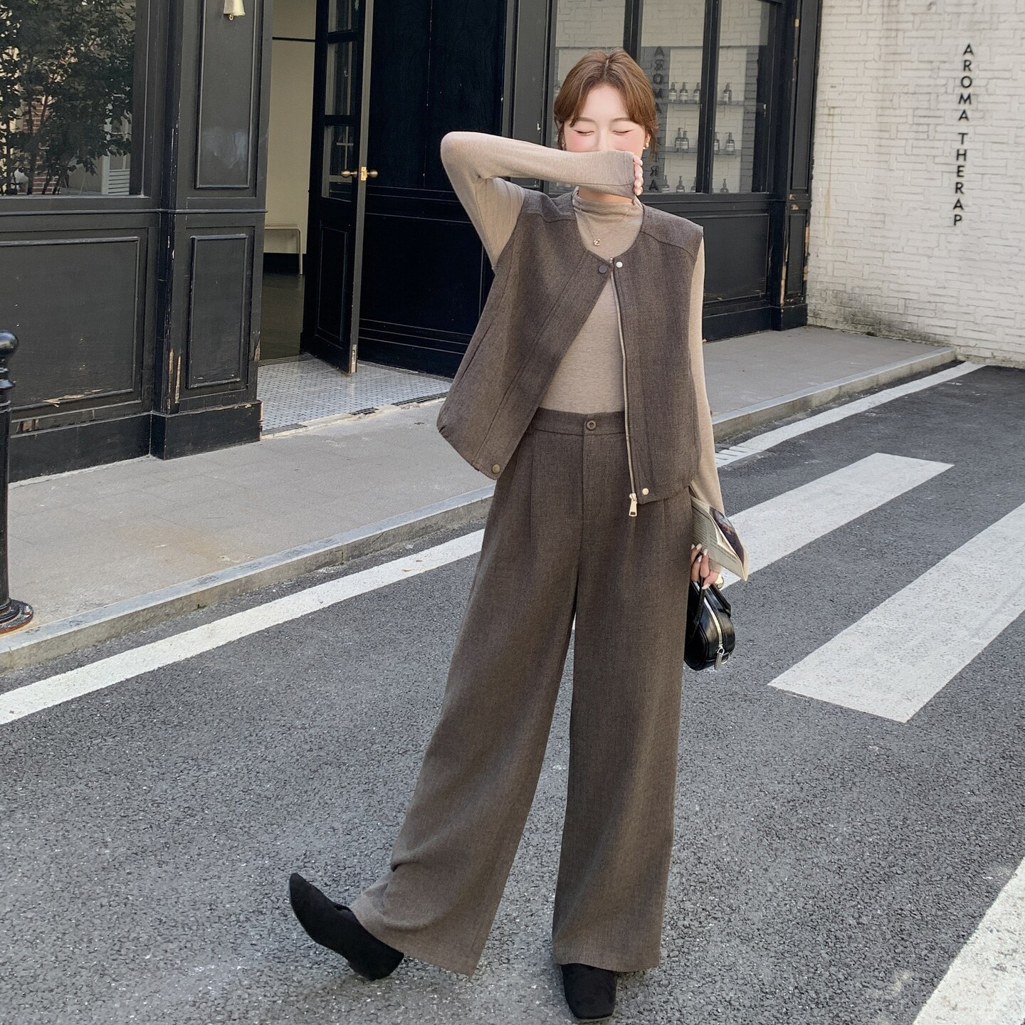 老钱风马甲打底衫阔腿裤套装女春秋巨好看三件套ootd穿搭大方得体,女装套装/套裙,2C012