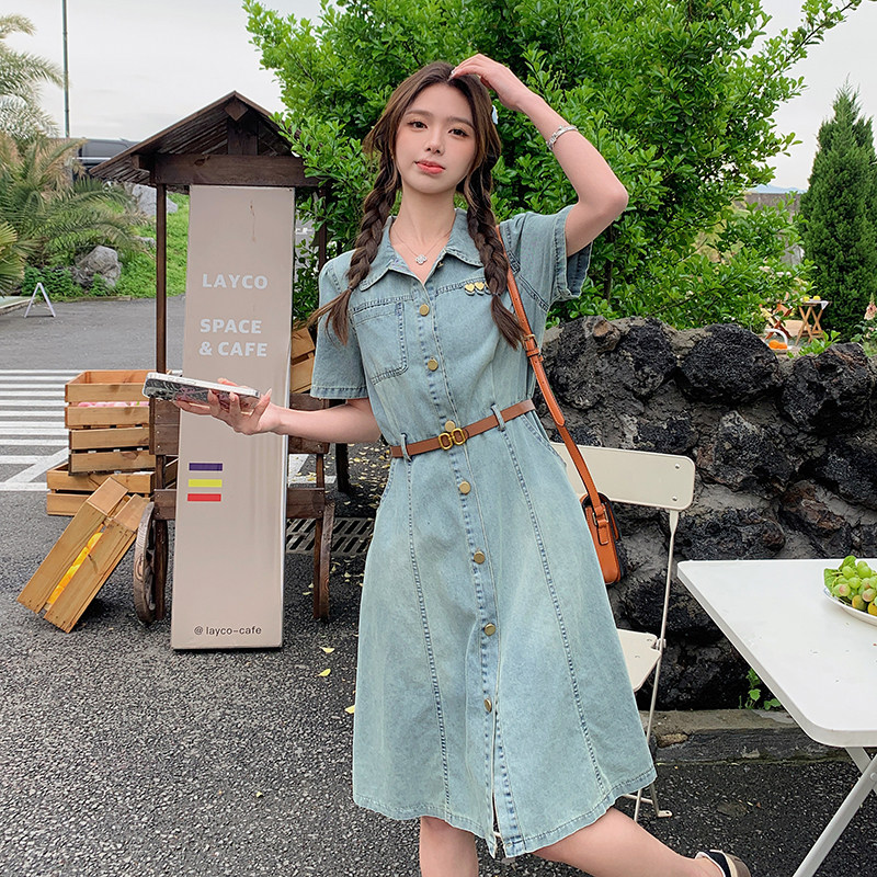 浅蓝色牛仔连衣裙女2025夏季新款韩版高级感复古减龄小个子衬衫裙,女装连衣裙,2C129
