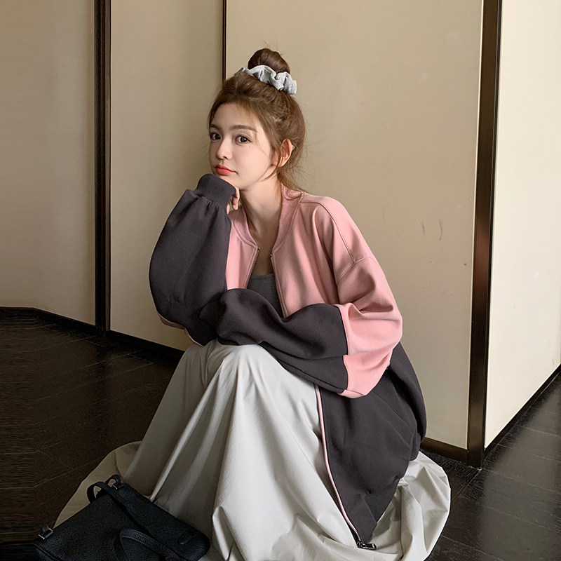 外套撞色拼接棒球服拉链秋季常规ins长袖宽松时尚春秋小个子短款,女装短外套,2D043