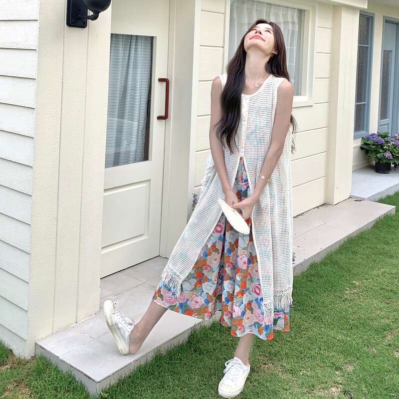 法式罩衫连衣裙套装女气质2025夏季新款镂空时尚宽松背心两件套,女装套装/套裙,2C117