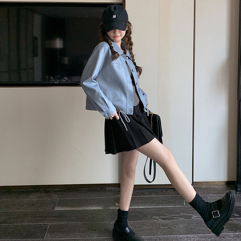 2025年春季新款浅蓝色皮衣夹克短外套女韩版高级感机车服百搭上衣,女装皮衣,2C233