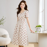 纯棉小碎花连衣裙女2025新款夏季高级感法式泡泡袖系带收腰中长款，女装连衣裙，1D073