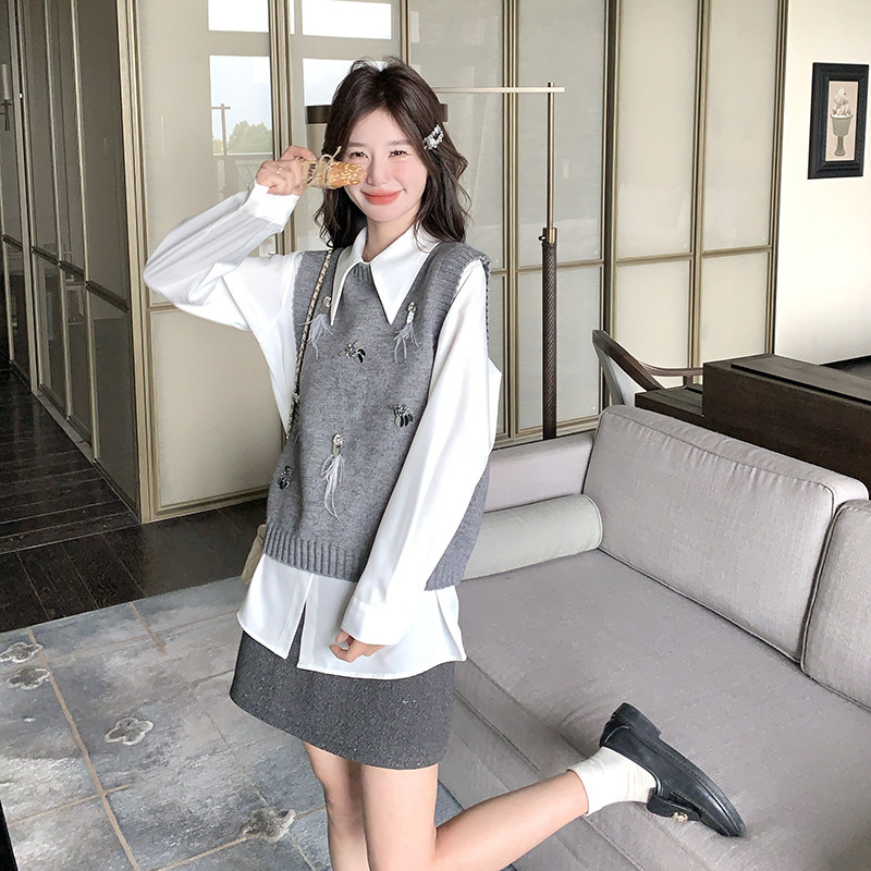 法式少女复古气质长袖衬衫上衣马甲套装女春秋新款时尚两件套,女装套装/套裙,2C166