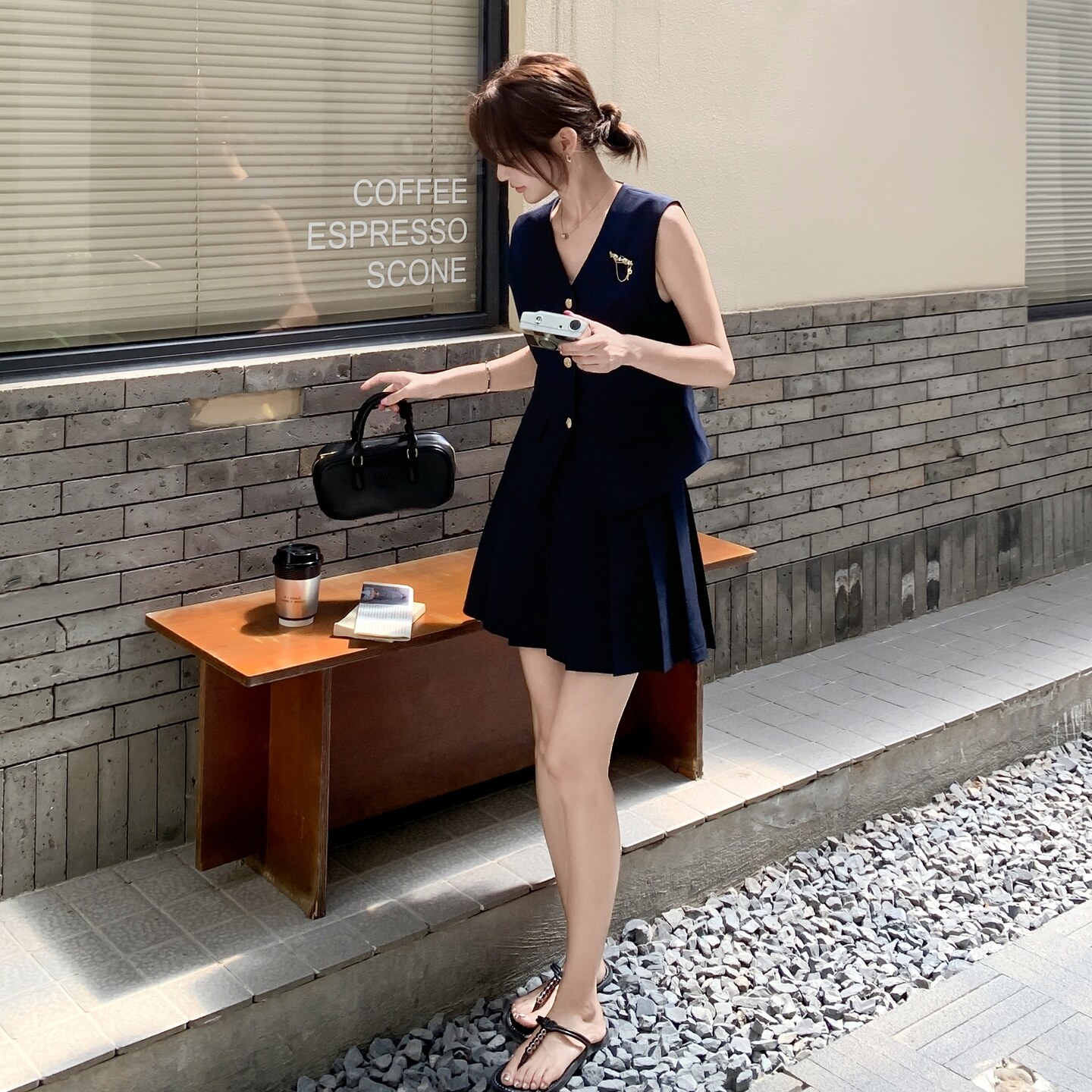 学院风深蓝色V领西装马甲套装女2025夏季新款小个子百褶裙两件套,女装套装/套裙,2C098